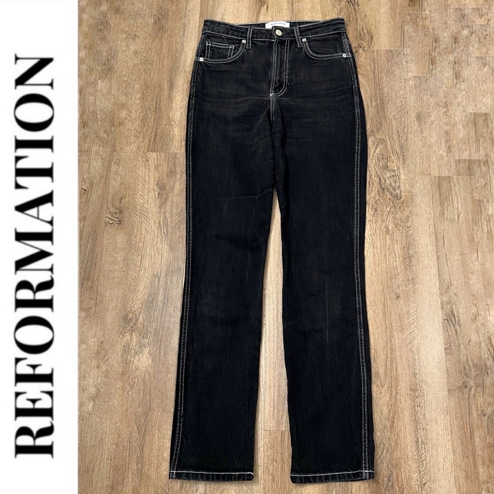 Reformation Jeans Sierra High‎ Rise Straight Long Black Denim Size 26